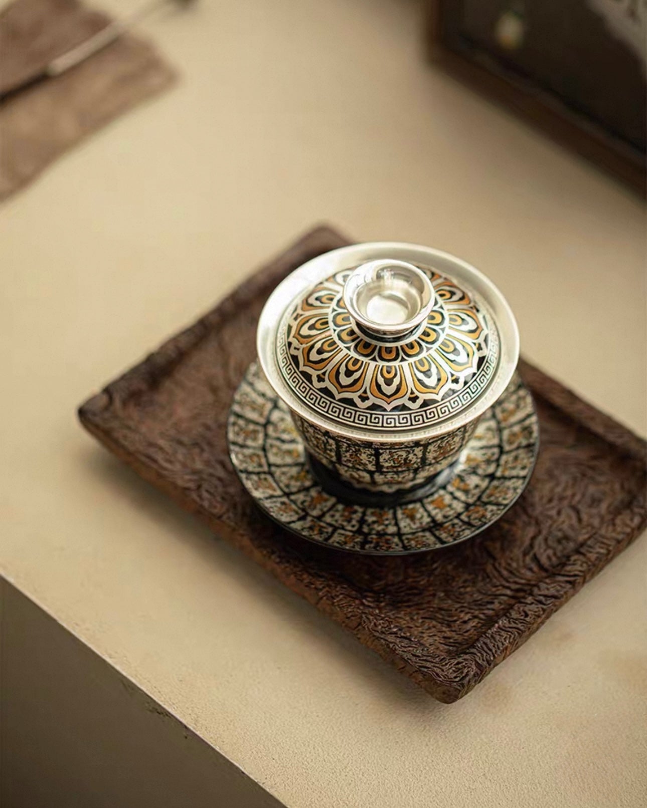 Gilded Silver "Ten Thousand Buddhas" Grottoes Sancai Gaiwan