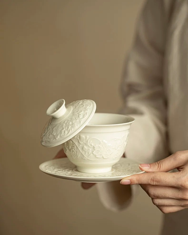 "Ding Kiln White" Embossed Intertwining Lotus Sancai Gaiwan