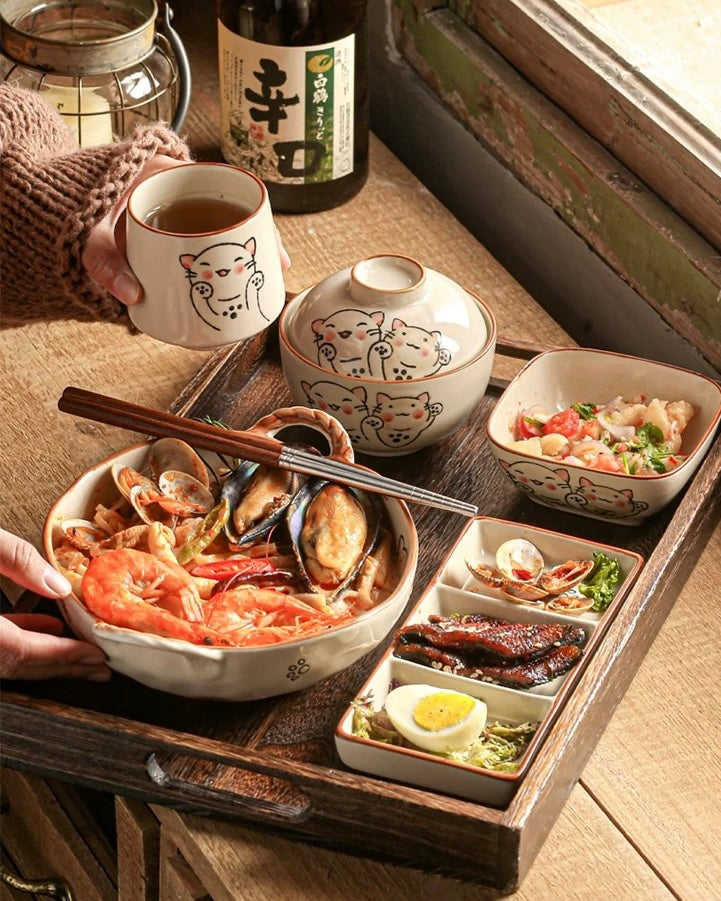 9-Piece Japanese Handmade Ramen Tableware Set: Cat and Fish Motif