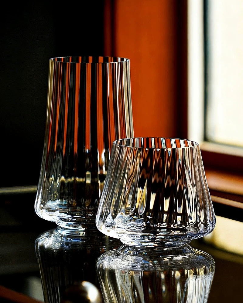 Ultra-Thin Ribbed Glass Whiskey Tumblers | Handcrafted Lead-Free Tasting Set