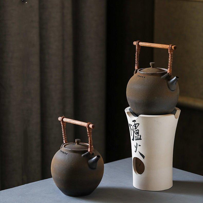 Handcrafted Ceramic Ball-Shaped Boiler with Rattan Handle