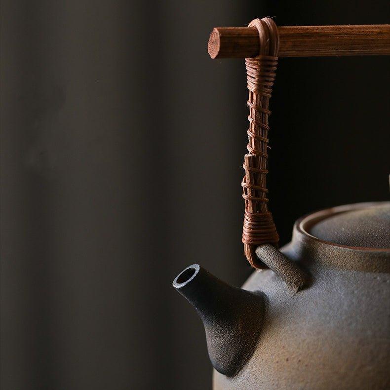 Handcrafted Ceramic Ball-Shaped Boiler with Rattan Handle