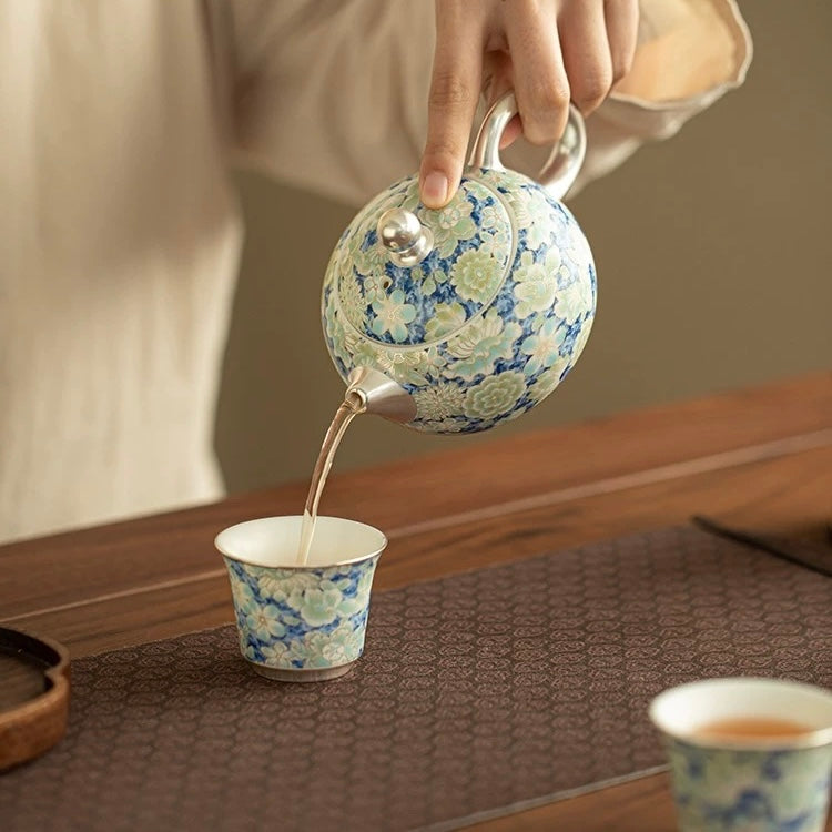 Silver-Inlaid Blue & White Mutton-Fat Jade Porcelain Xishi Teapot Set | Premium Kung Fu Tea Gift Box