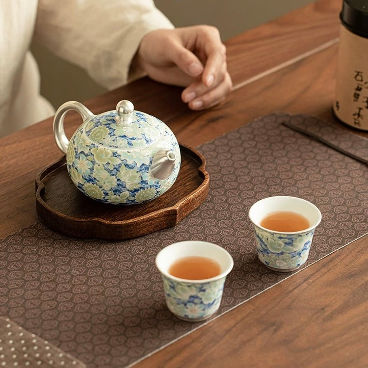 Silver-Inlaid Blue & White Mutton-Fat Jade Porcelain Xishi Teapot Set | Premium Kung Fu Tea Gift Box