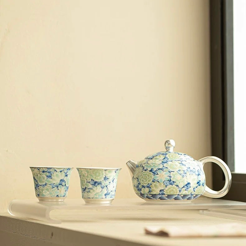 Silver-Inlaid Blue & White Mutton-Fat Jade Porcelain Xishi Teapot Set | Premium Kung Fu Tea Gift Box