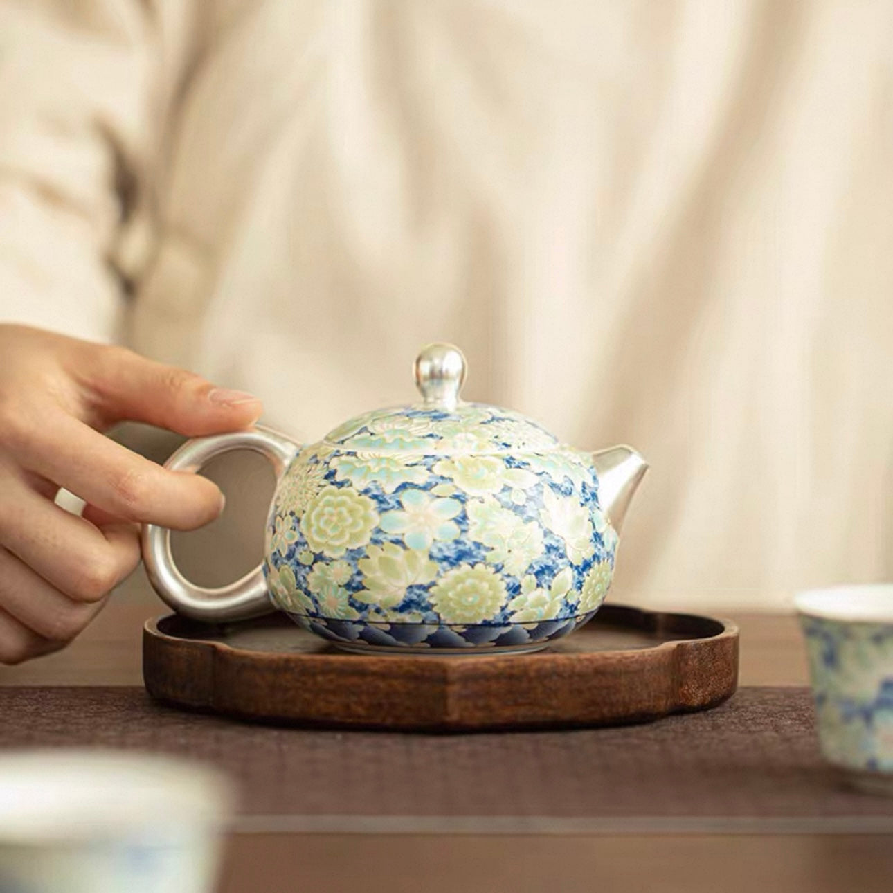 Silver-Inlaid Blue & White Mutton-Fat Jade Porcelain Xishi Teapot Set | Premium Kung Fu Tea Gift Box