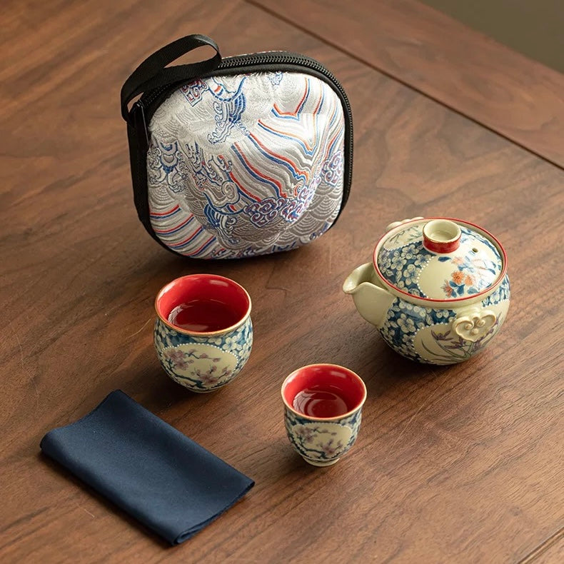 Imperial Red "Ruyi" Travel Tea Set | Portable Porcelain Infuser & 2 Cups