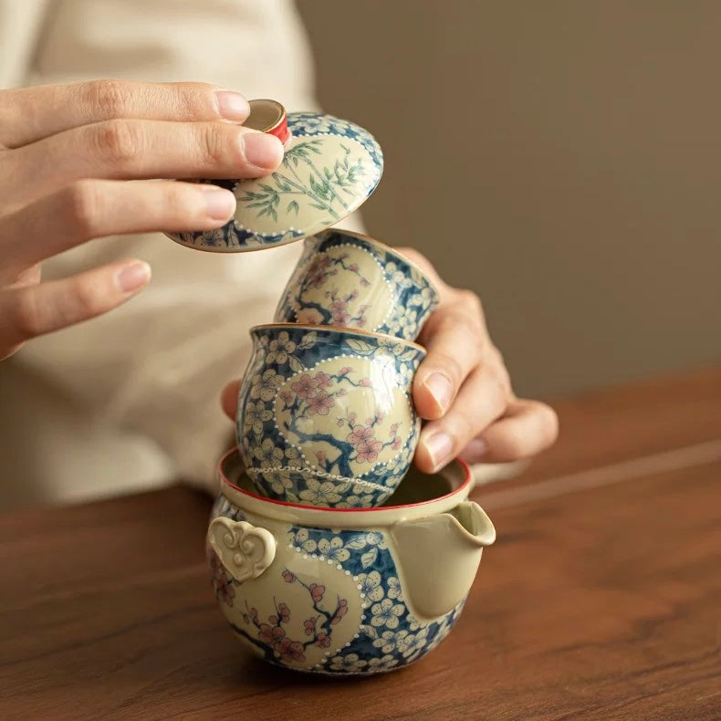 Imperial Red "Ruyi" Travel Tea Set | Portable Porcelain Infuser & 2 Cups