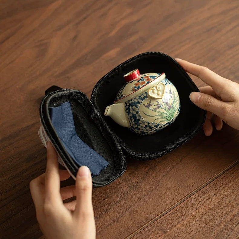 Imperial Red "Ruyi" Travel Tea Set | Portable Porcelain Infuser & 2 Cups