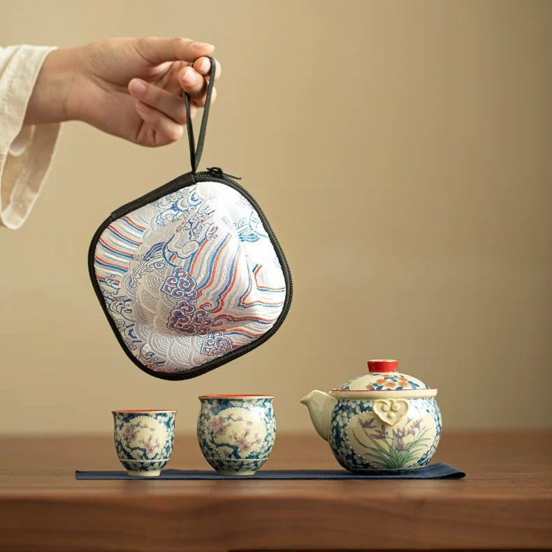 Imperial Red "Ruyi" Travel Tea Set | Portable Porcelain Infuser & 2 Cups