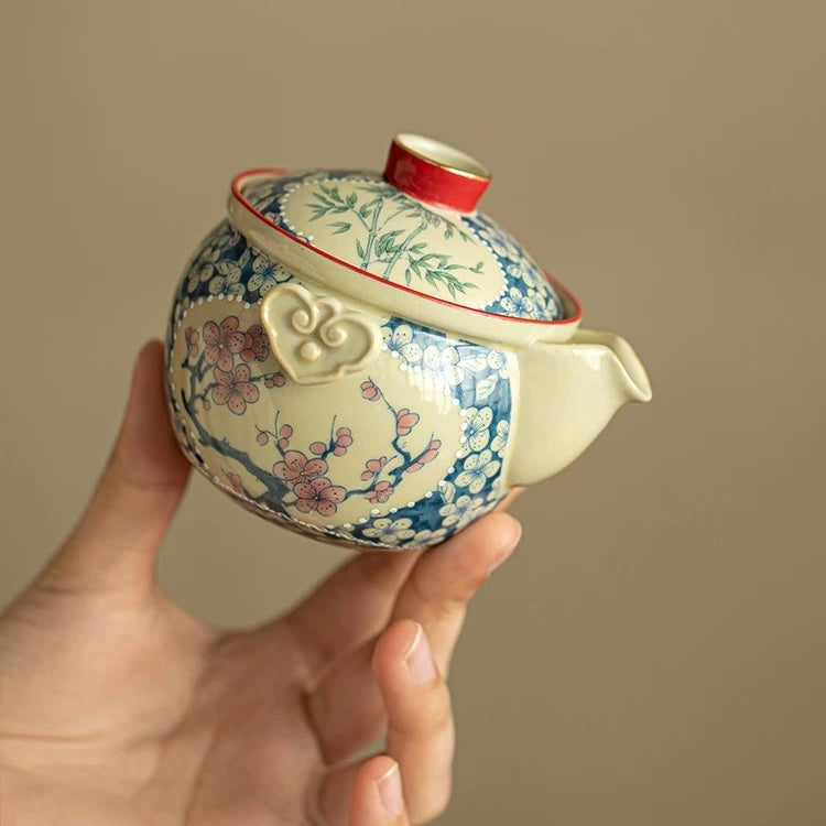 Imperial Red "Ruyi" Travel Tea Set | Portable Porcelain Infuser & 2 Cups