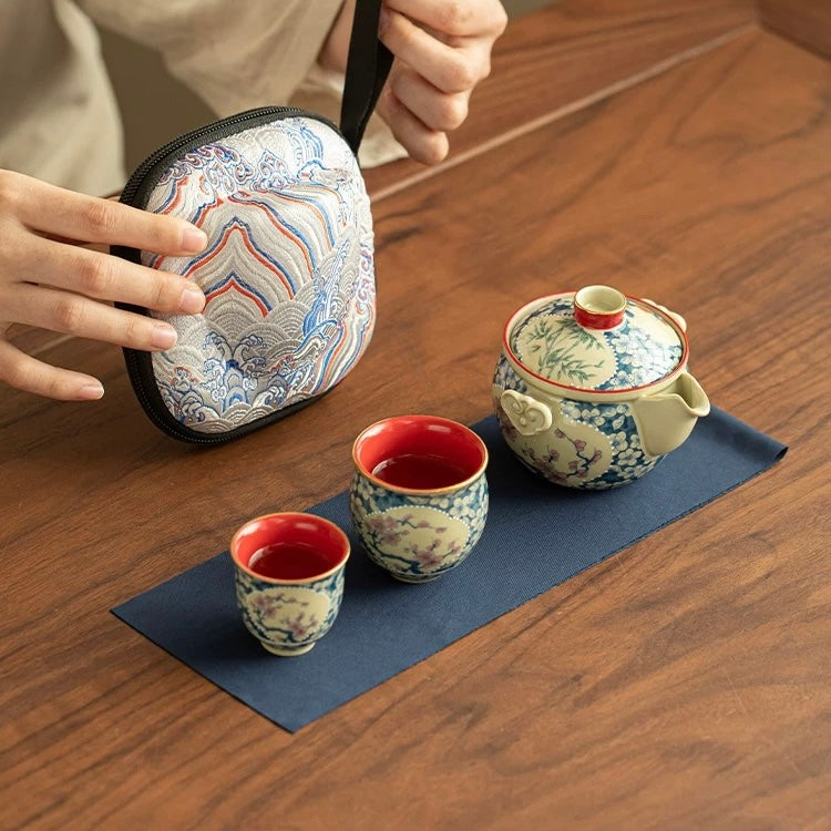 Imperial Red "Ruyi" Travel Tea Set | Portable Porcelain Infuser & 2 Cups