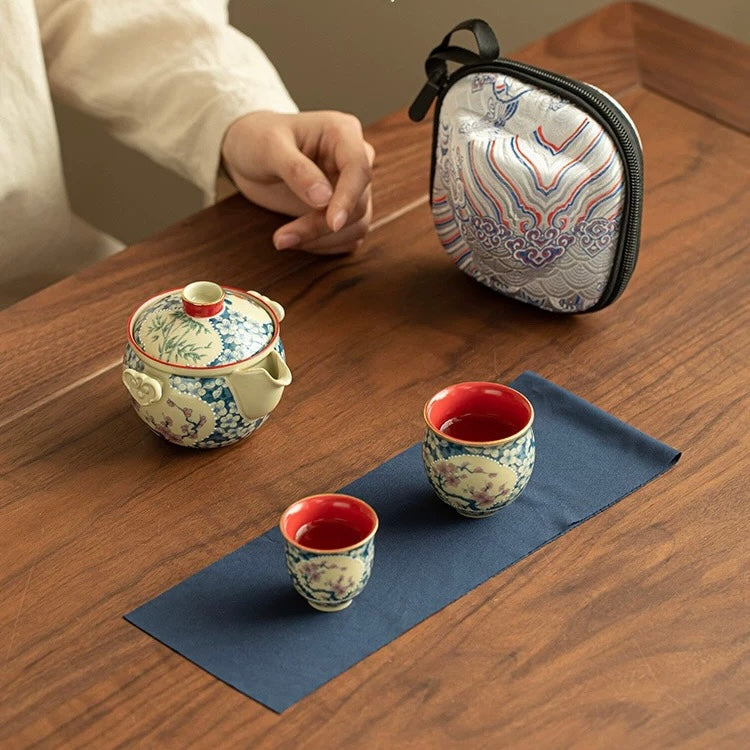 Imperial Red "Ruyi" Travel Tea Set | Portable Porcelain Infuser & 2 Cups