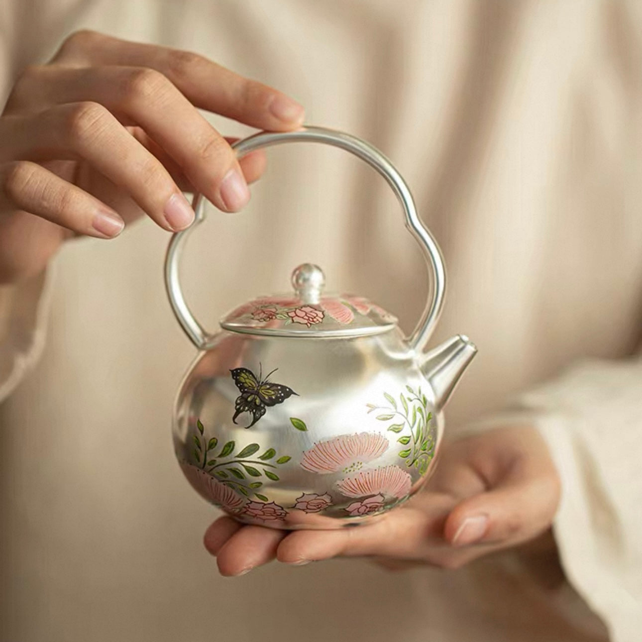 Silver-Inlaid "Butterfly & Floral" Beam Handle Tea Set | Handcrafted Ceramic Trio