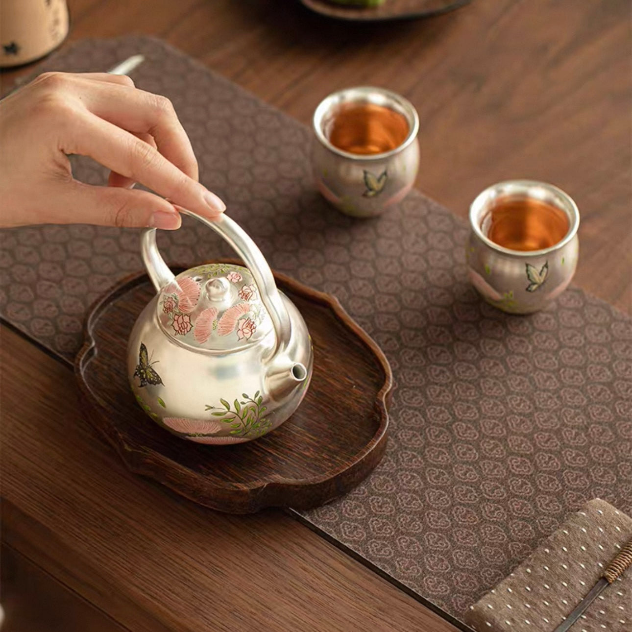 Silver-Inlaid "Butterfly & Floral" Beam Handle Tea Set | Handcrafted Ceramic Trio