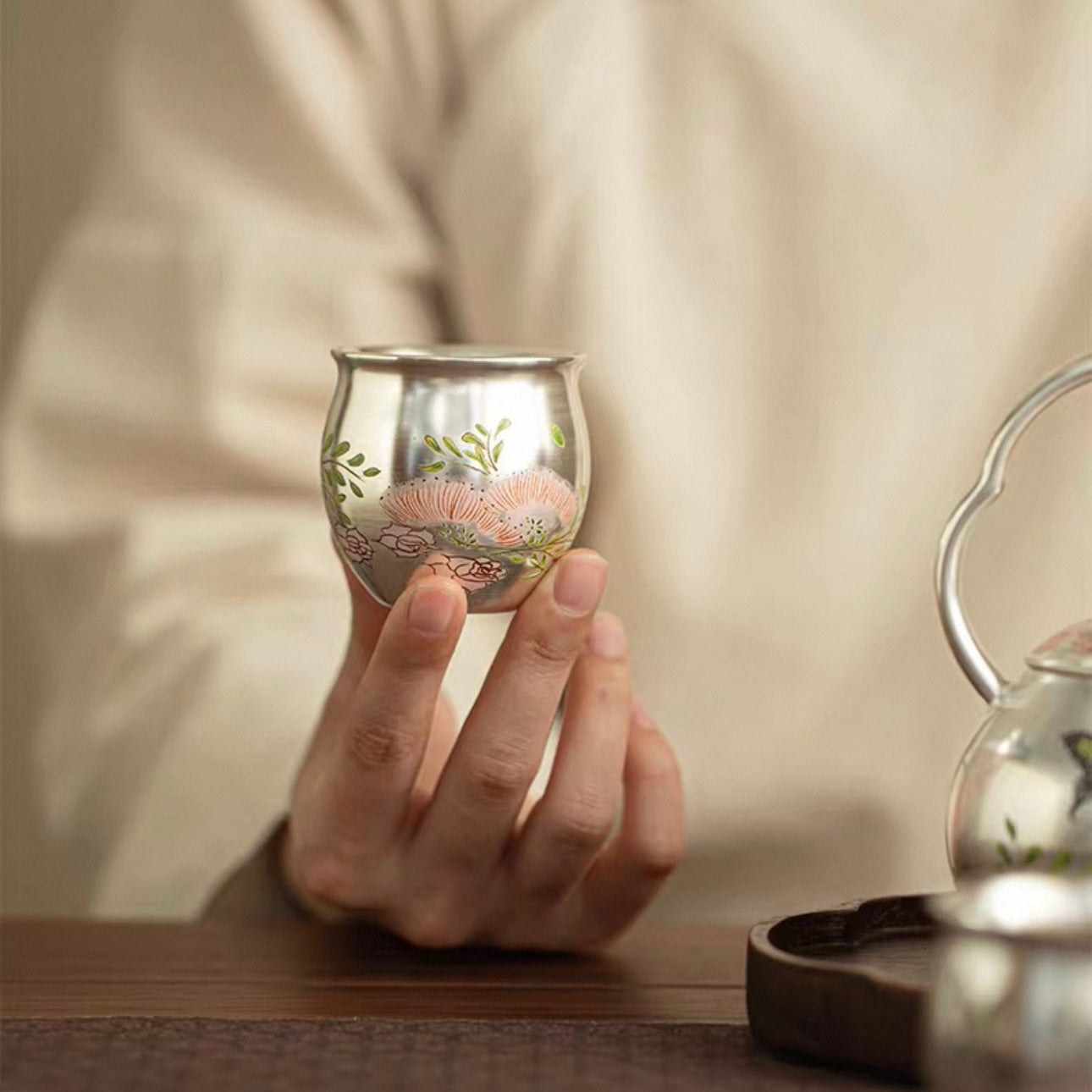 Silver-Inlaid "Butterfly & Floral" Beam Handle Tea Set | Handcrafted Ceramic Trio