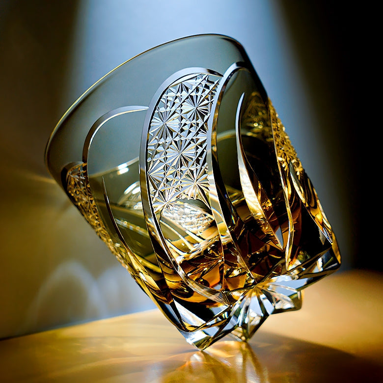 Edo Kiriko Handcrafted Shadow Luminary Whisky Glass – A Dance of Light and Depth in Crystal