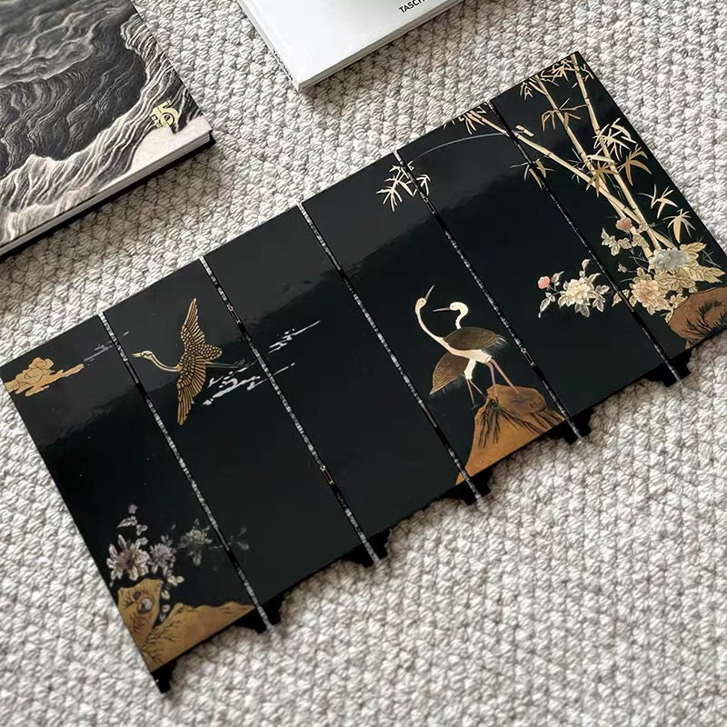 Bamboo, Stone and Crane Lacquer Screen