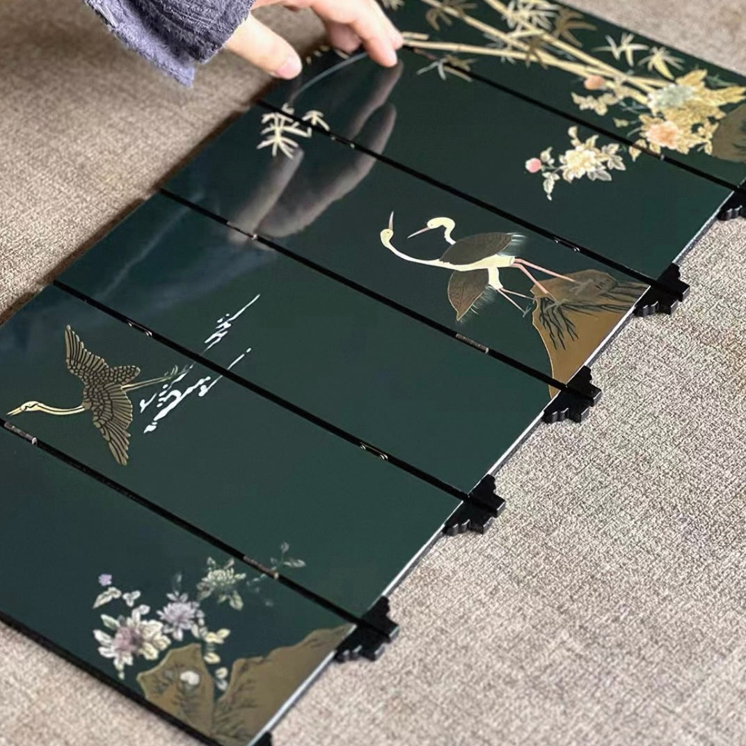 Bamboo, Stone and Crane Lacquer Screen