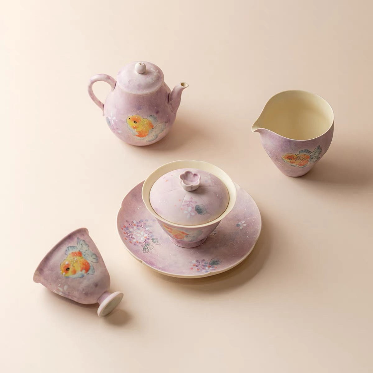 Hand-Painted Famille Rose Koi Fish Tea Tray