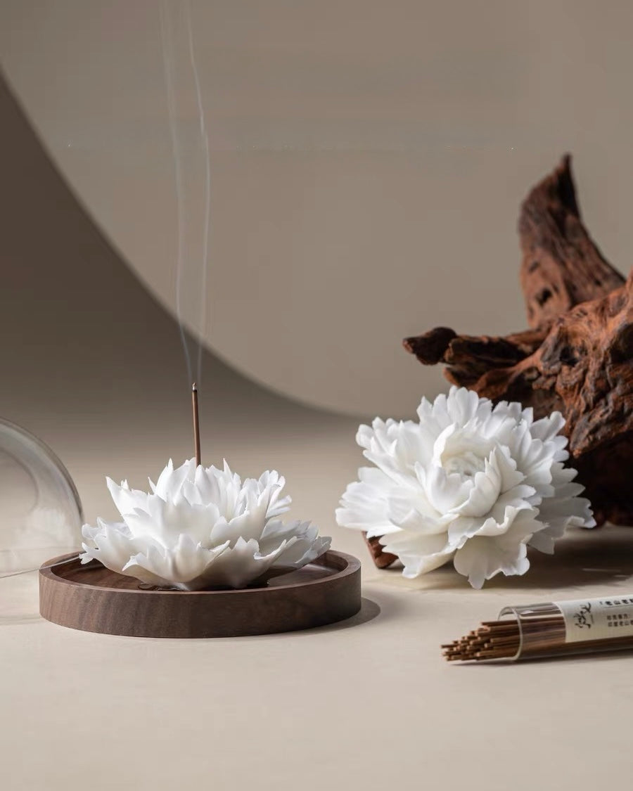 Handcrafted Jade Porcelain Peony Incense Holder and Ceramic Flower Diffuser