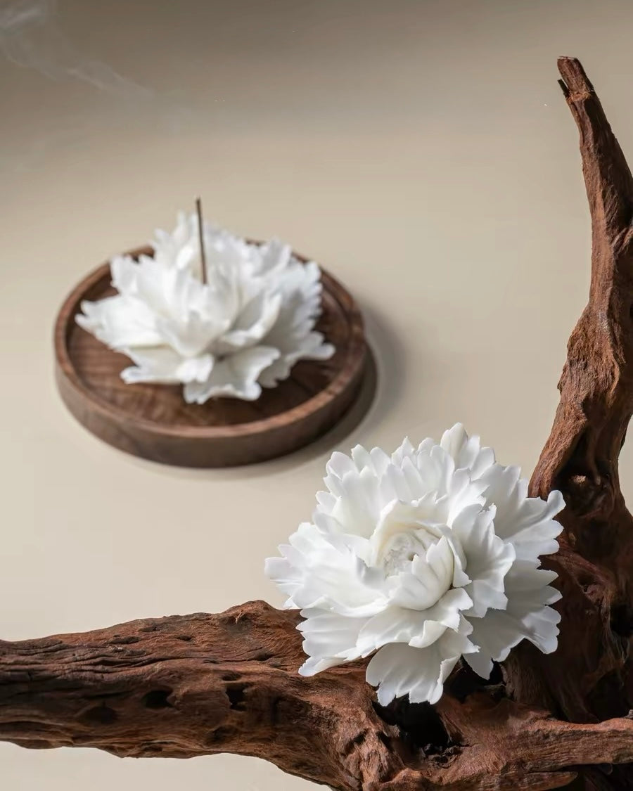 Handcrafted Jade Porcelain Peony Incense Holder and Ceramic Flower Diffuser