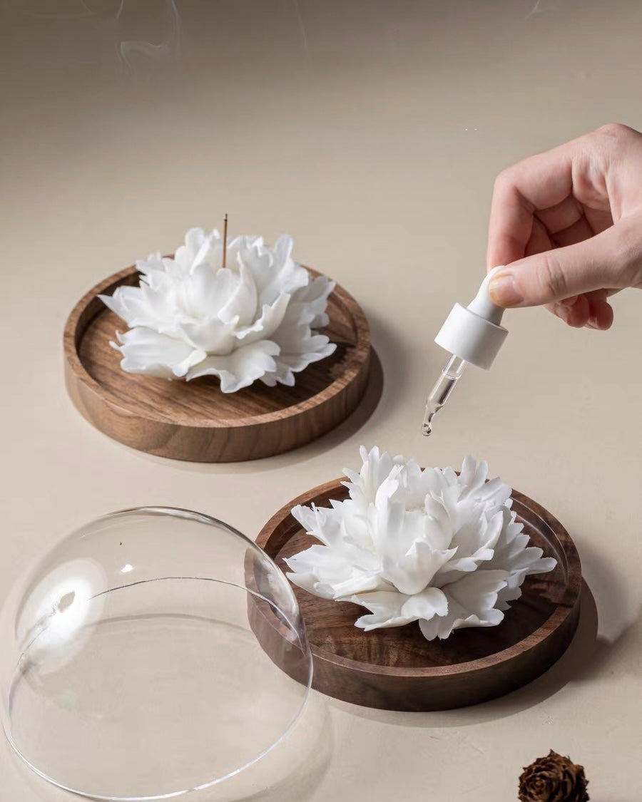 Handcrafted Jade Porcelain Peony Incense Holder and Ceramic Flower Diffuser