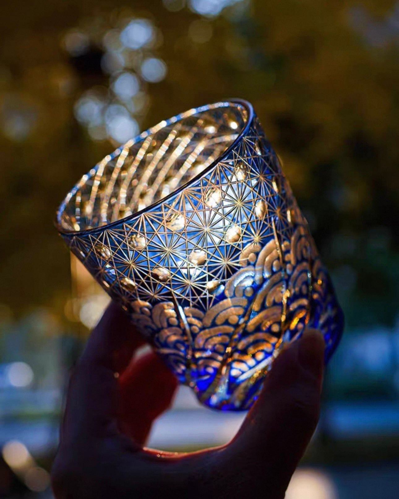 Hand-Cut Edo Kiriko Crystal Glass – Amber and Ocean Harmony