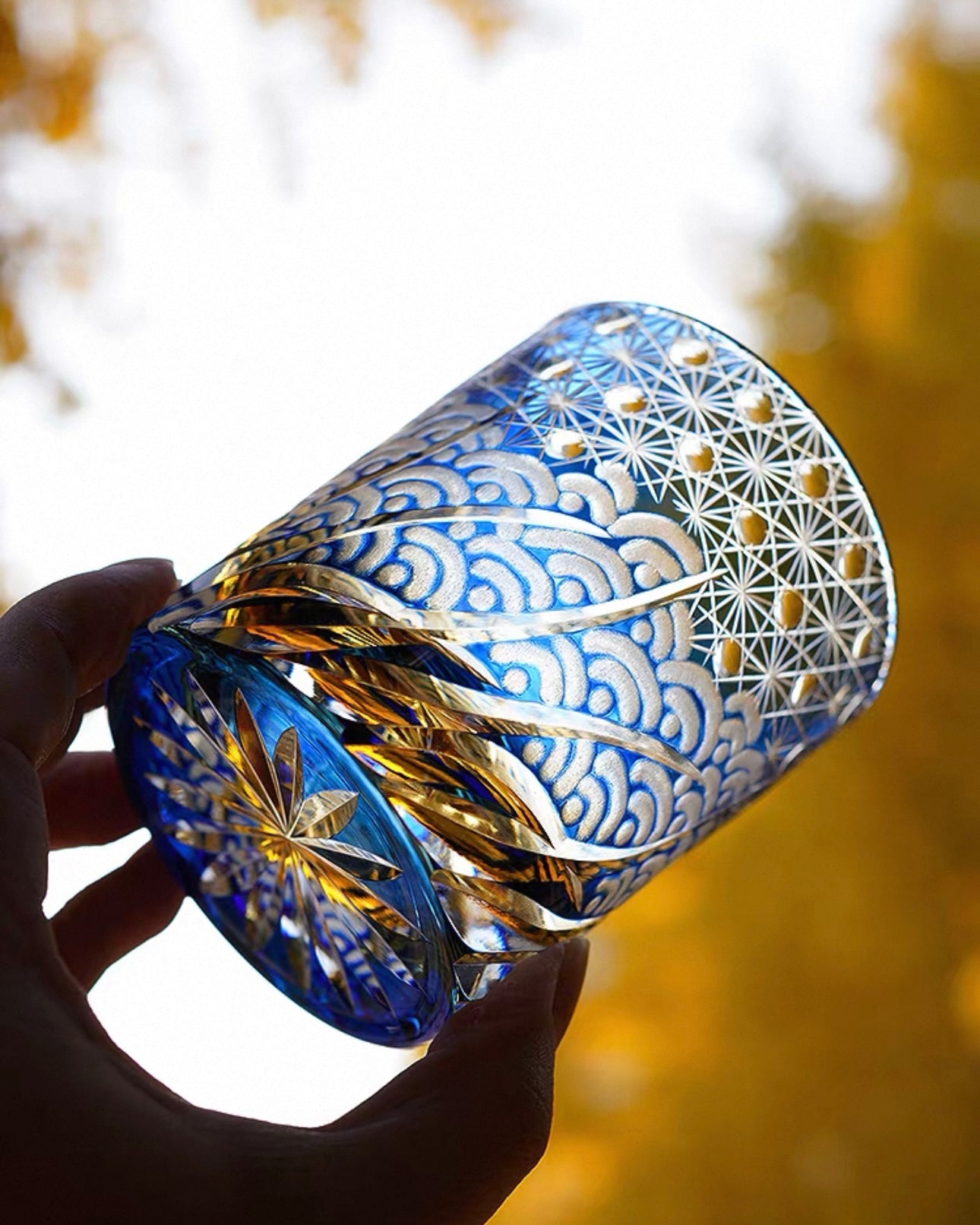 Hand-Cut Edo Kiriko Crystal Glass – Amber and Ocean Harmony