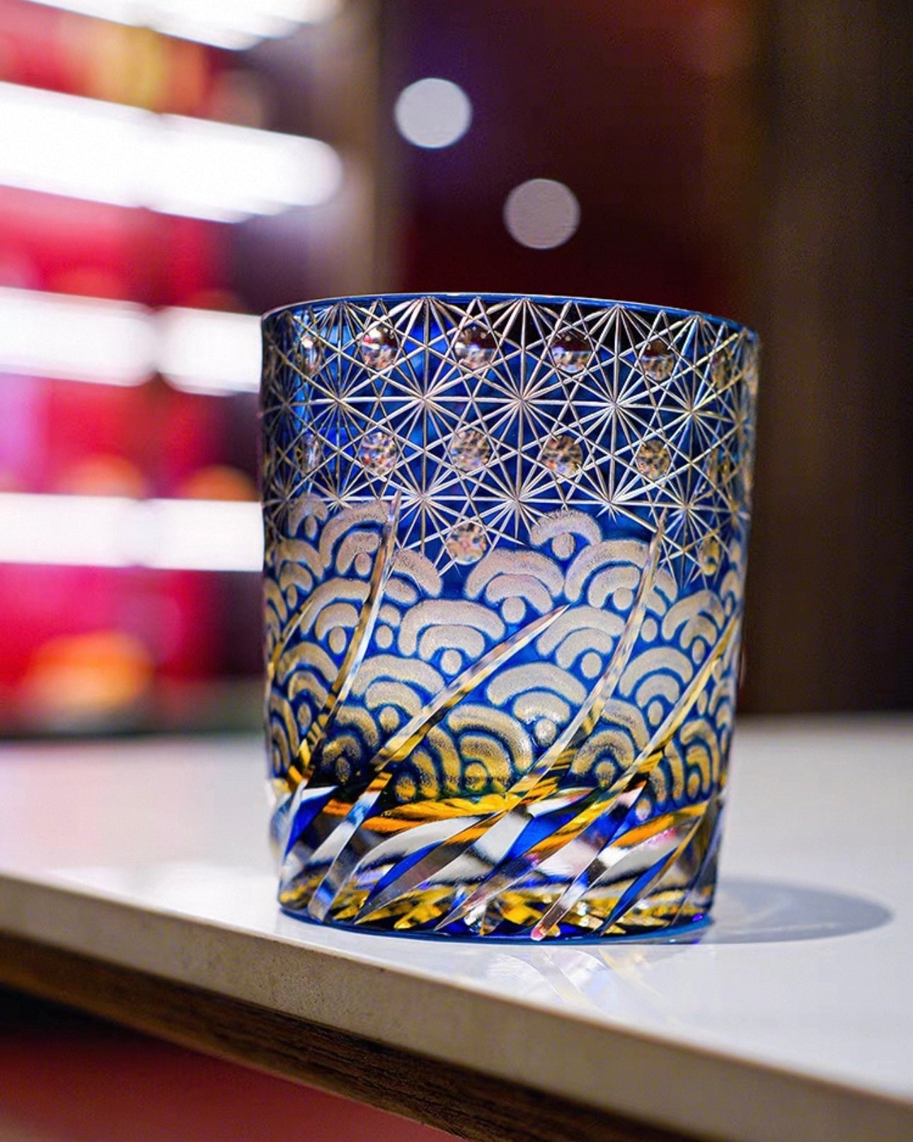 Hand-Cut Edo Kiriko Crystal Glass – Amber and Ocean Harmony