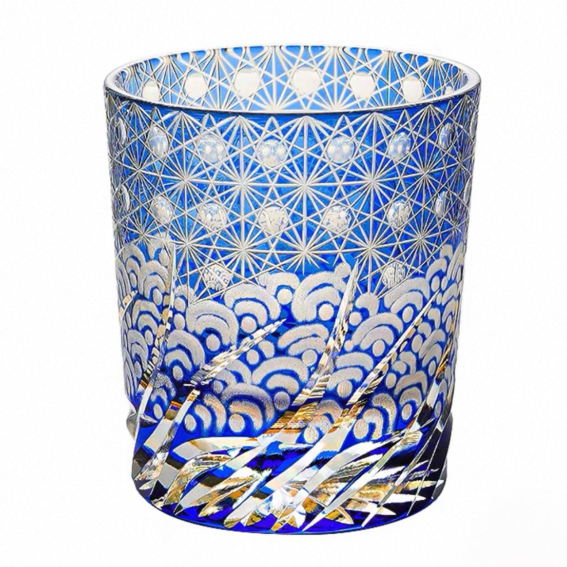 Hand-Cut Edo Kiriko Crystal Glass – Amber and Ocean Harmony