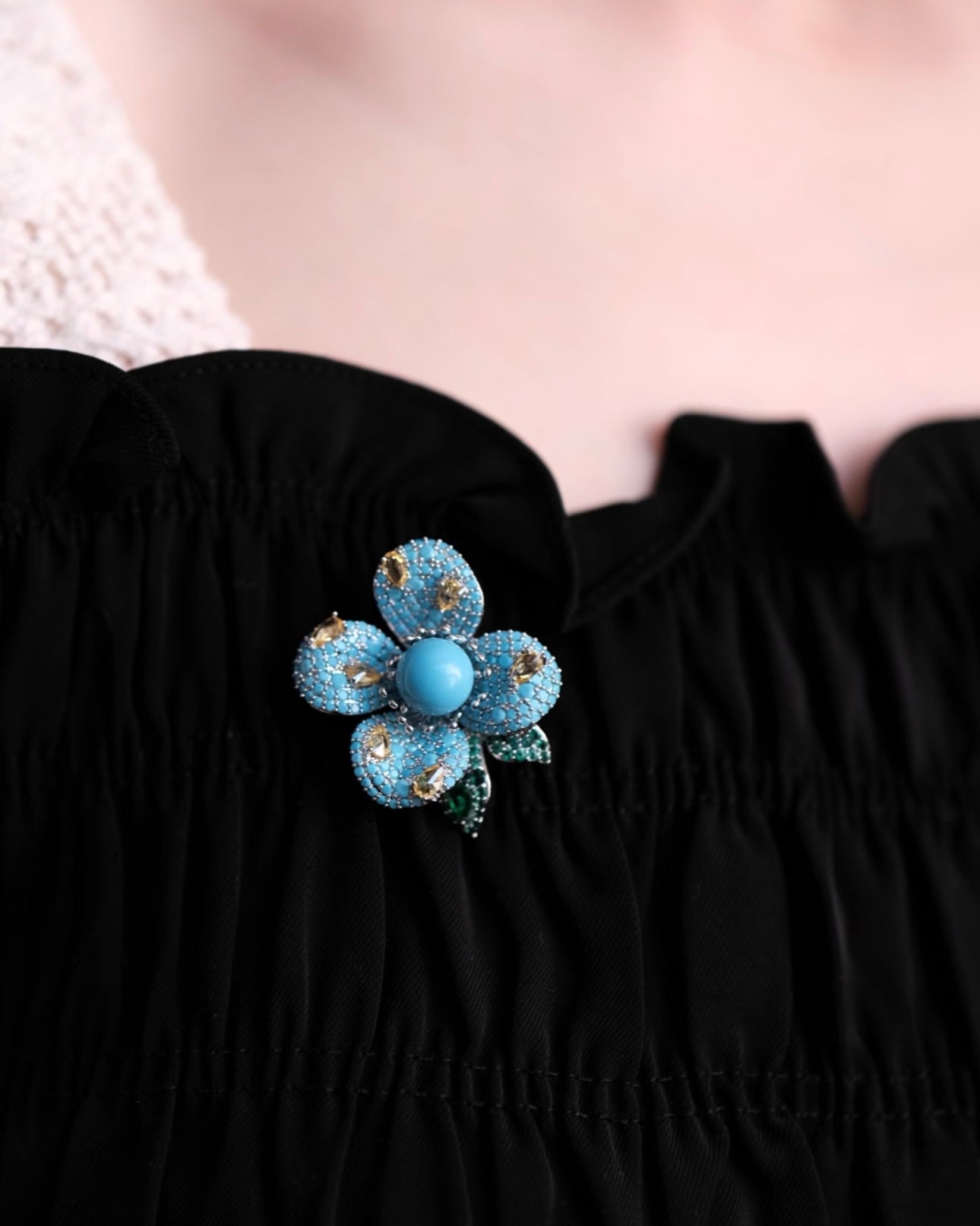 Luxury "High-Porcelain" Blue Turquoise Blossom Brooch | Super Heavywork Artisan Jewelry