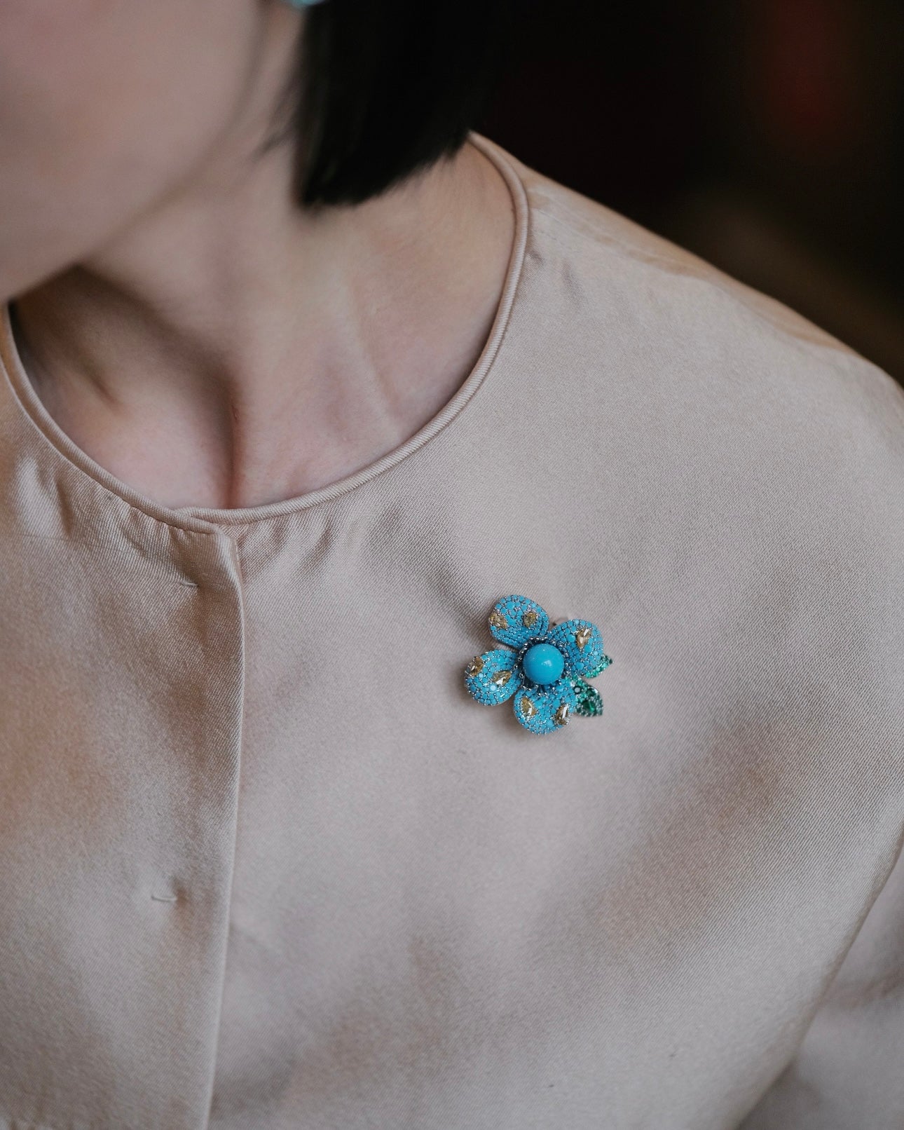Luxury "High-Porcelain" Blue Turquoise Blossom Brooch | Super Heavywork Artisan Jewelry
