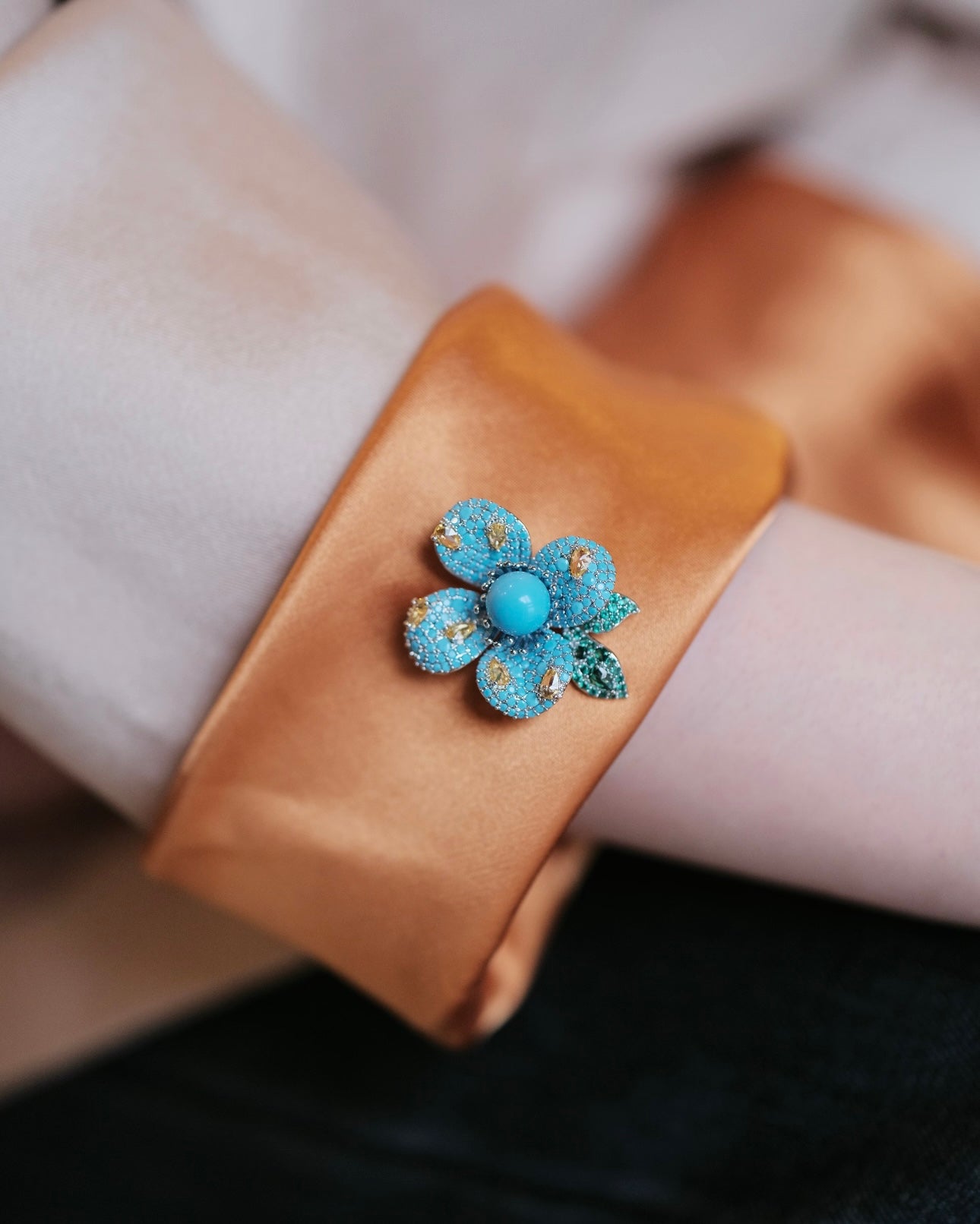 Luxury "High-Porcelain" Blue Turquoise Blossom Brooch | Super Heavywork Artisan Jewelry