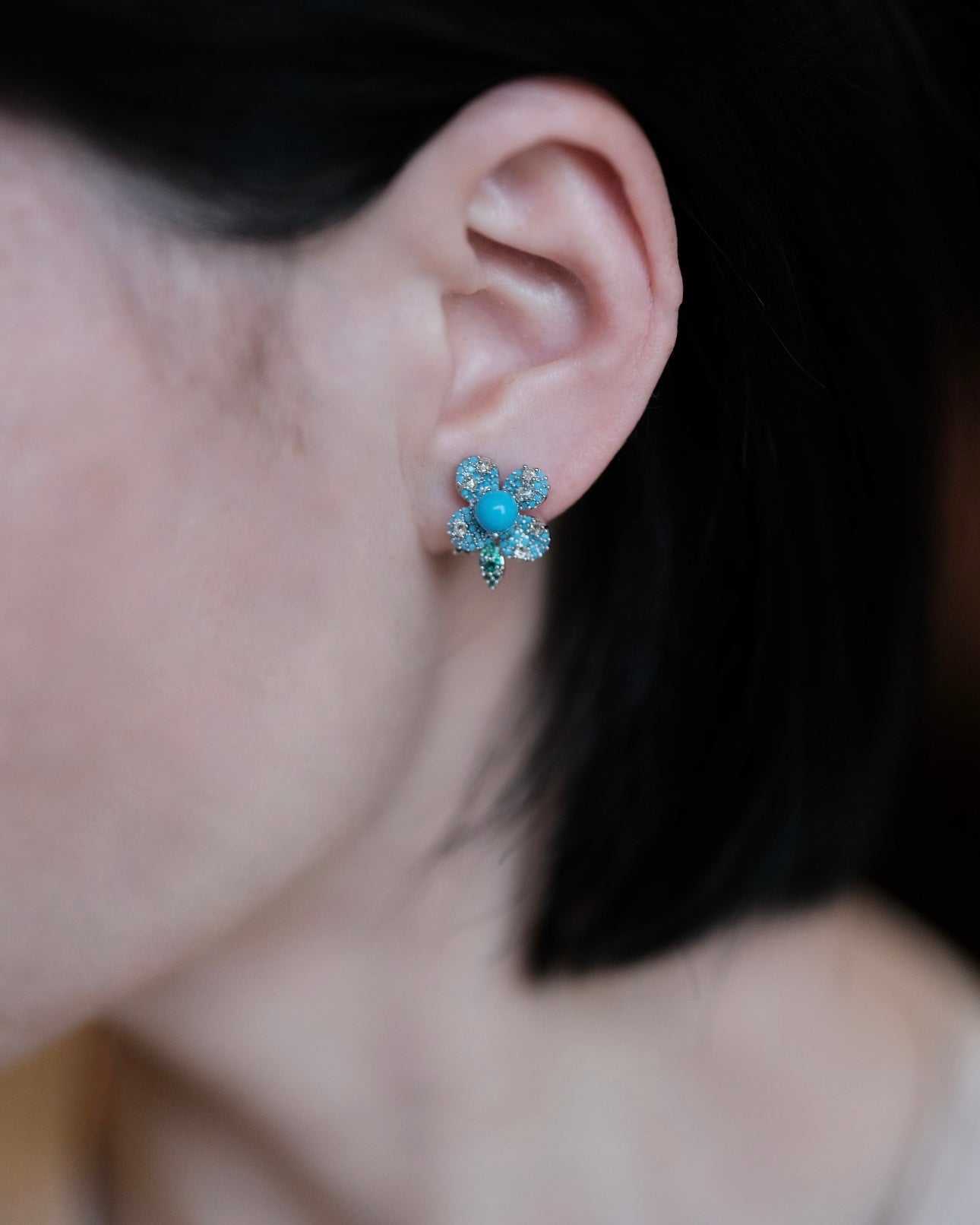 High-Porcelain Blue Turquoise Pavé Earrings | Artisan Cluster Studs