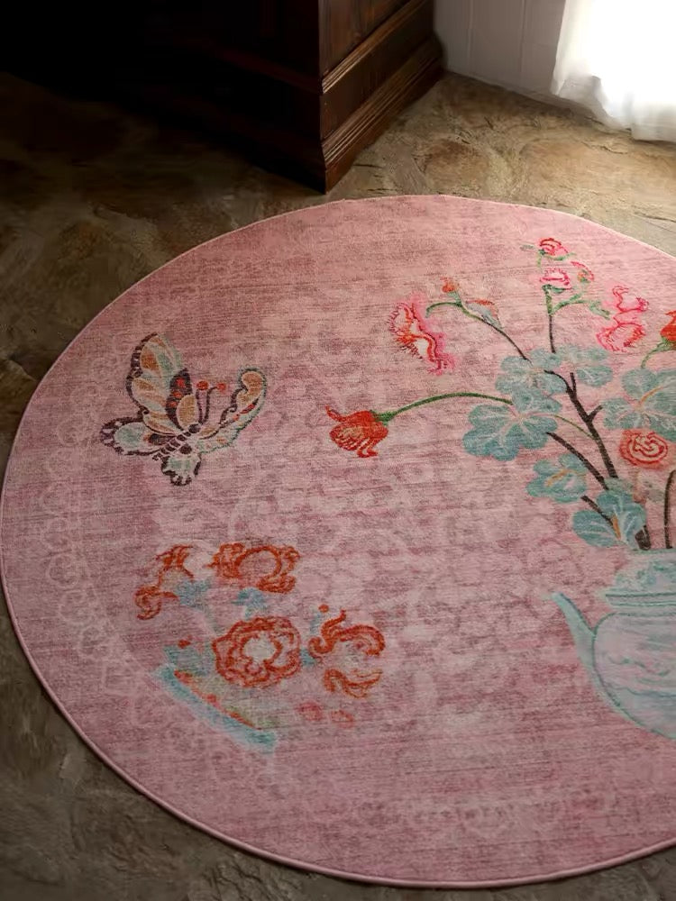 Vintage Butterfly and Blossom Round Rug – A Romantic Bloom of Timeless Elegance