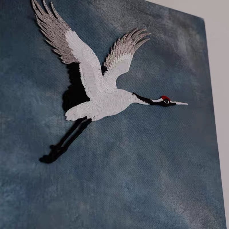 Three-Dimensional Crane Embroidered Canvas Art – A Symbol of Grace and Longevity