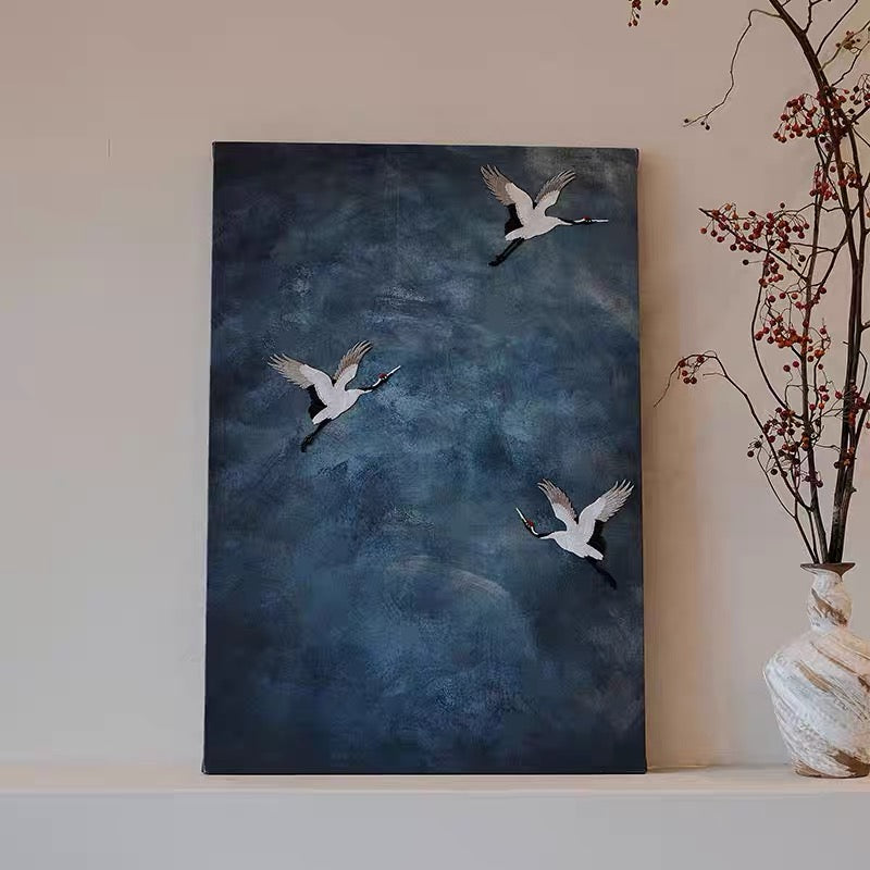 Three-Dimensional Crane Embroidered Canvas Art – A Symbol of Grace and Longevity