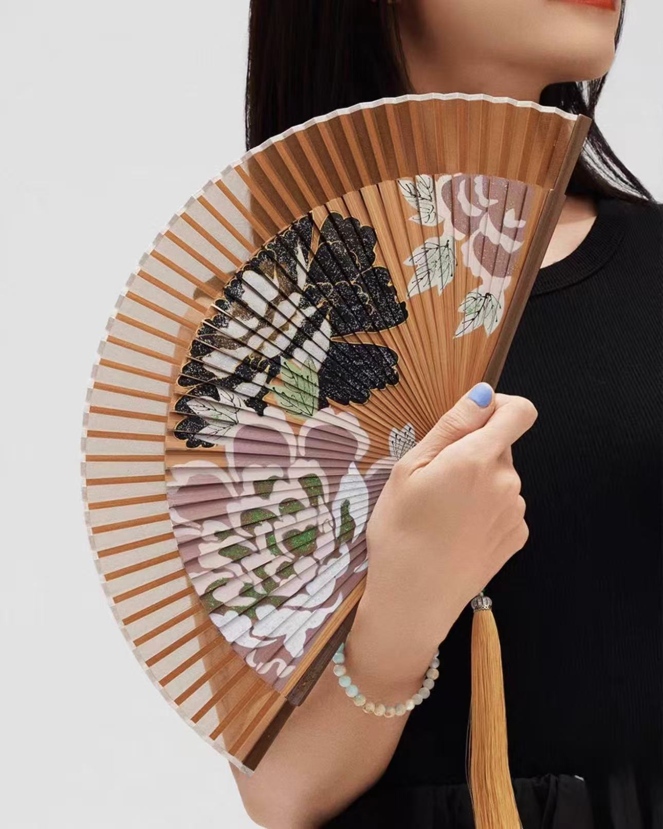 Handcrafted Three Peonies Silk Folding Fan – Lacquer-Painted Artisan Fan | Personalized Gift Edition