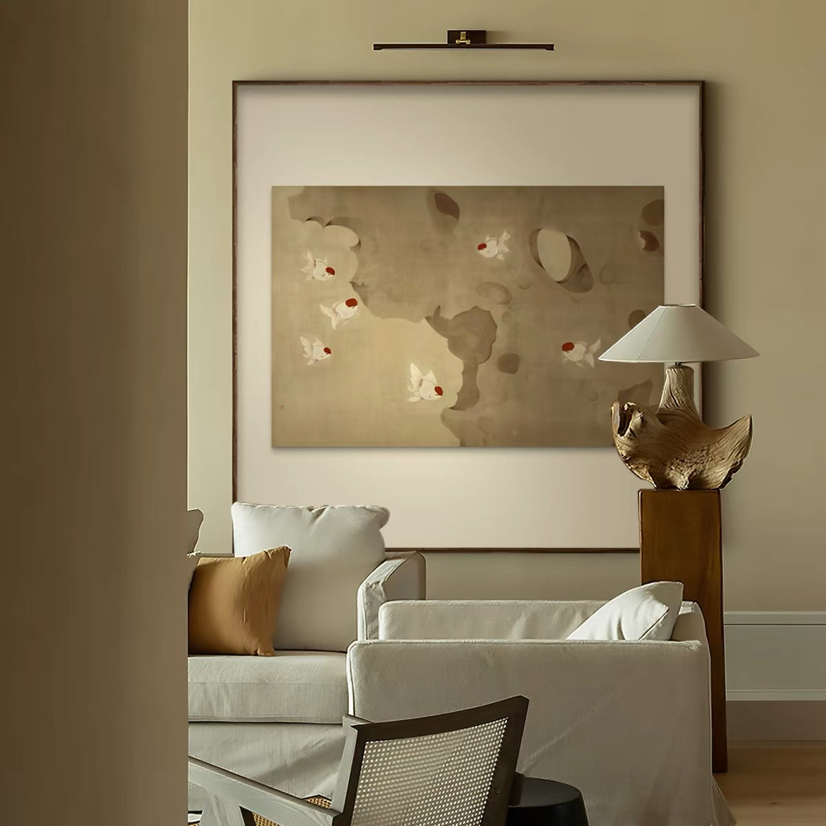 Taihu Stone and Koi Fish Wall Art – Wabi-Sabi Canvas Artwork with Layered Frame