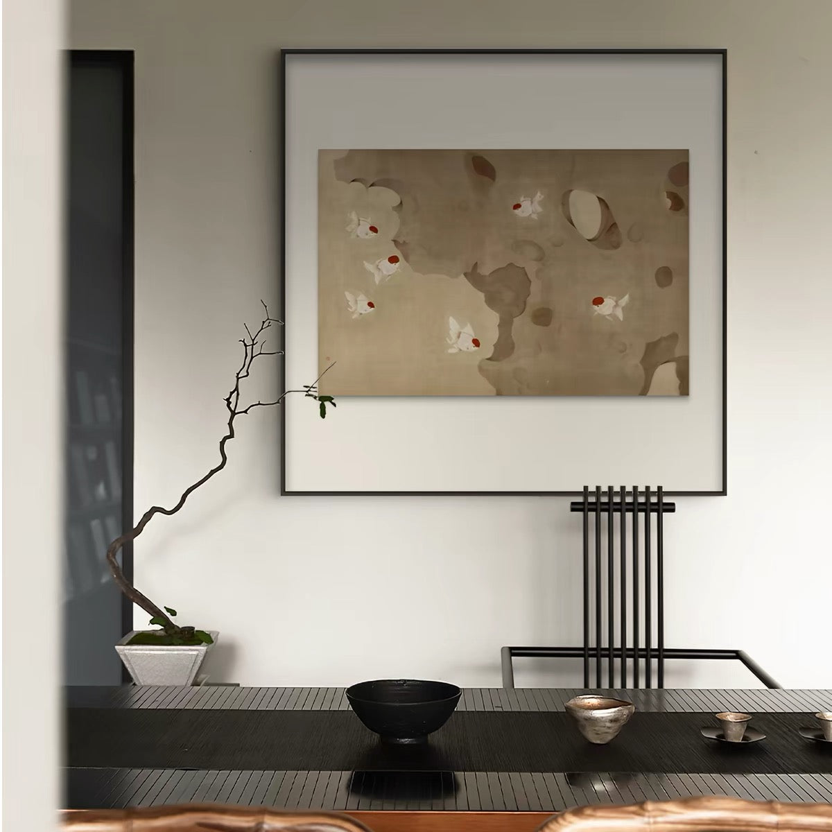 Taihu Stone and Koi Fish Wall Art – Wabi-Sabi Canvas Artwork with Layered Frame