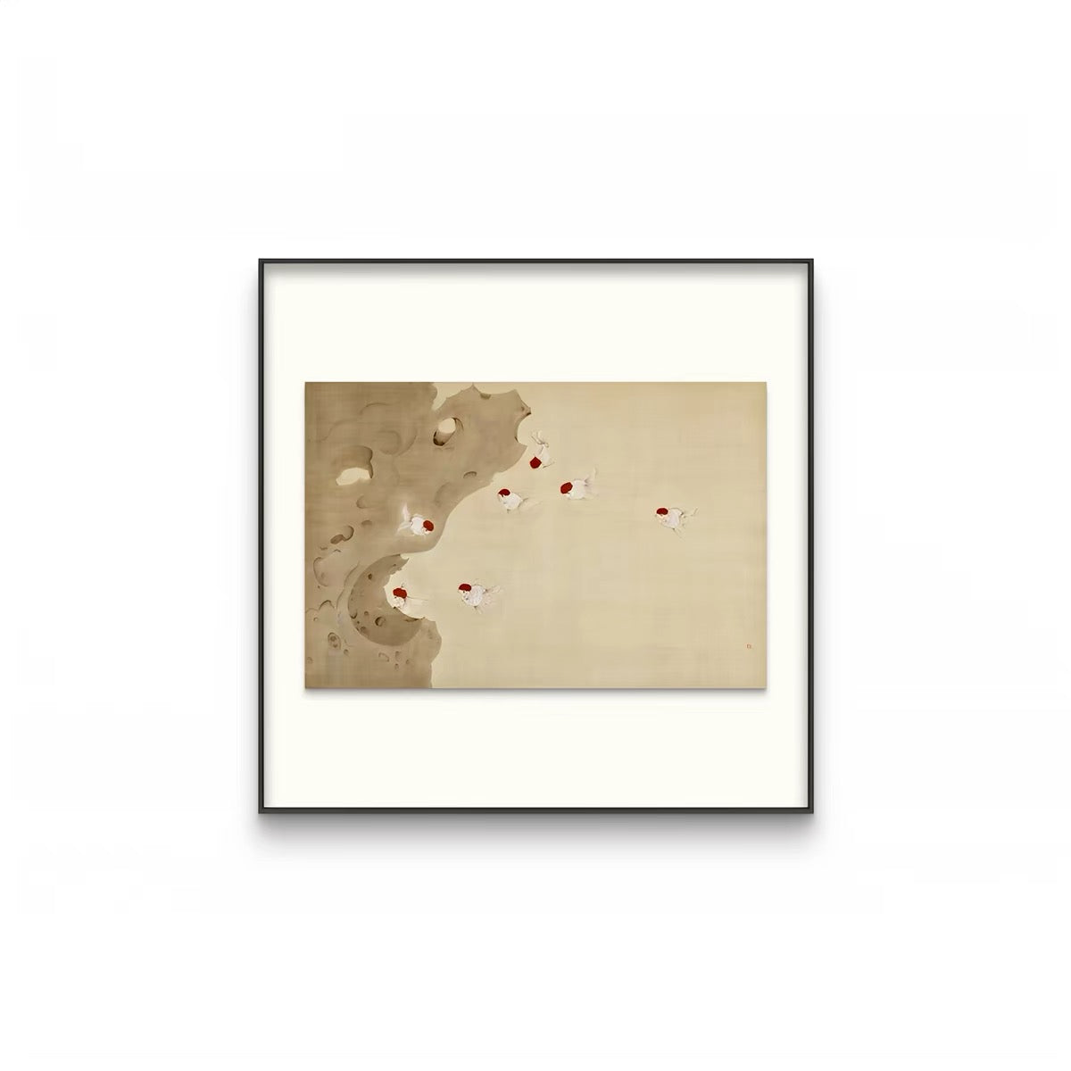 Taihu Stone and Koi Fish Wall Art – Wabi-Sabi Canvas Artwork with Layered Frame