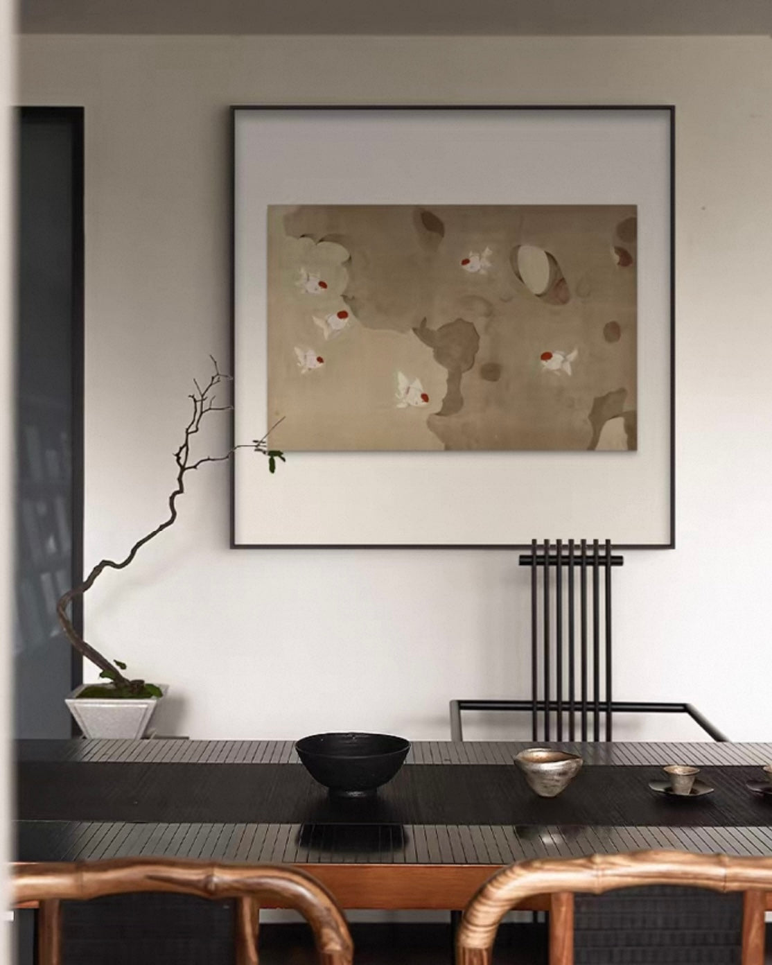 Taihu Stone and Koi Fish Wall Art – Wabi-Sabi Canvas Artwork with Layered Frame