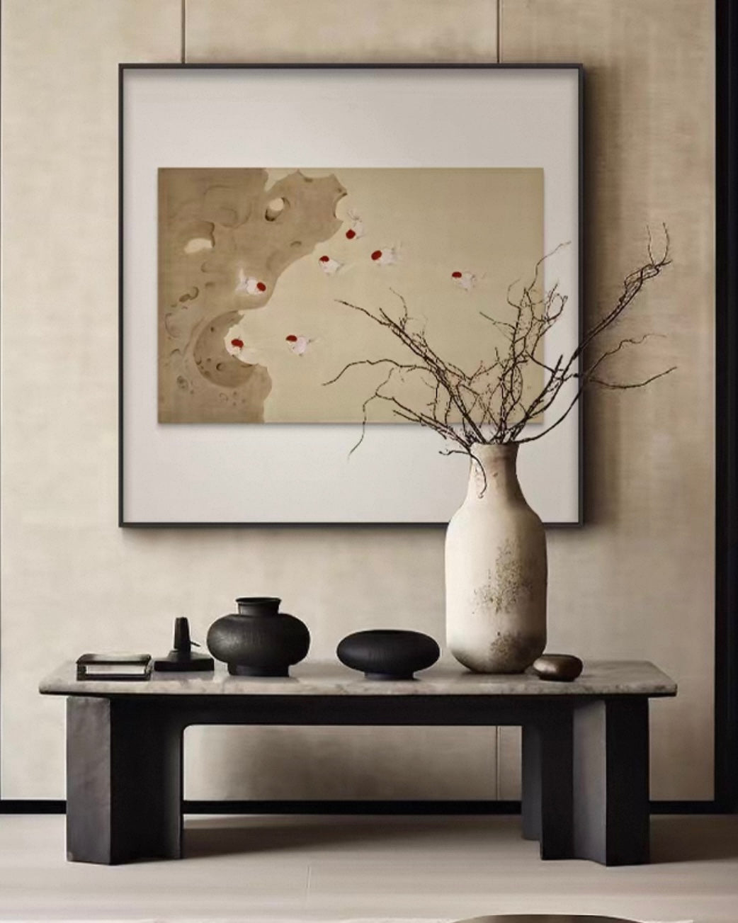 Taihu Stone and Koi Fish Wall Art – Wabi-Sabi Canvas Artwork with Layered Frame