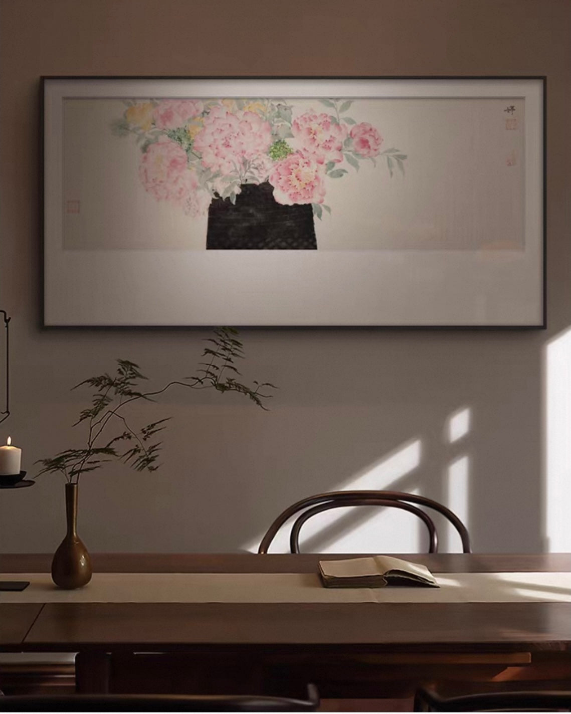 "Blooming Harmony" Flower and Bird Wabi-Sabi Wall Art – Oriental Botanical Canvas with Premium Wood Frame
