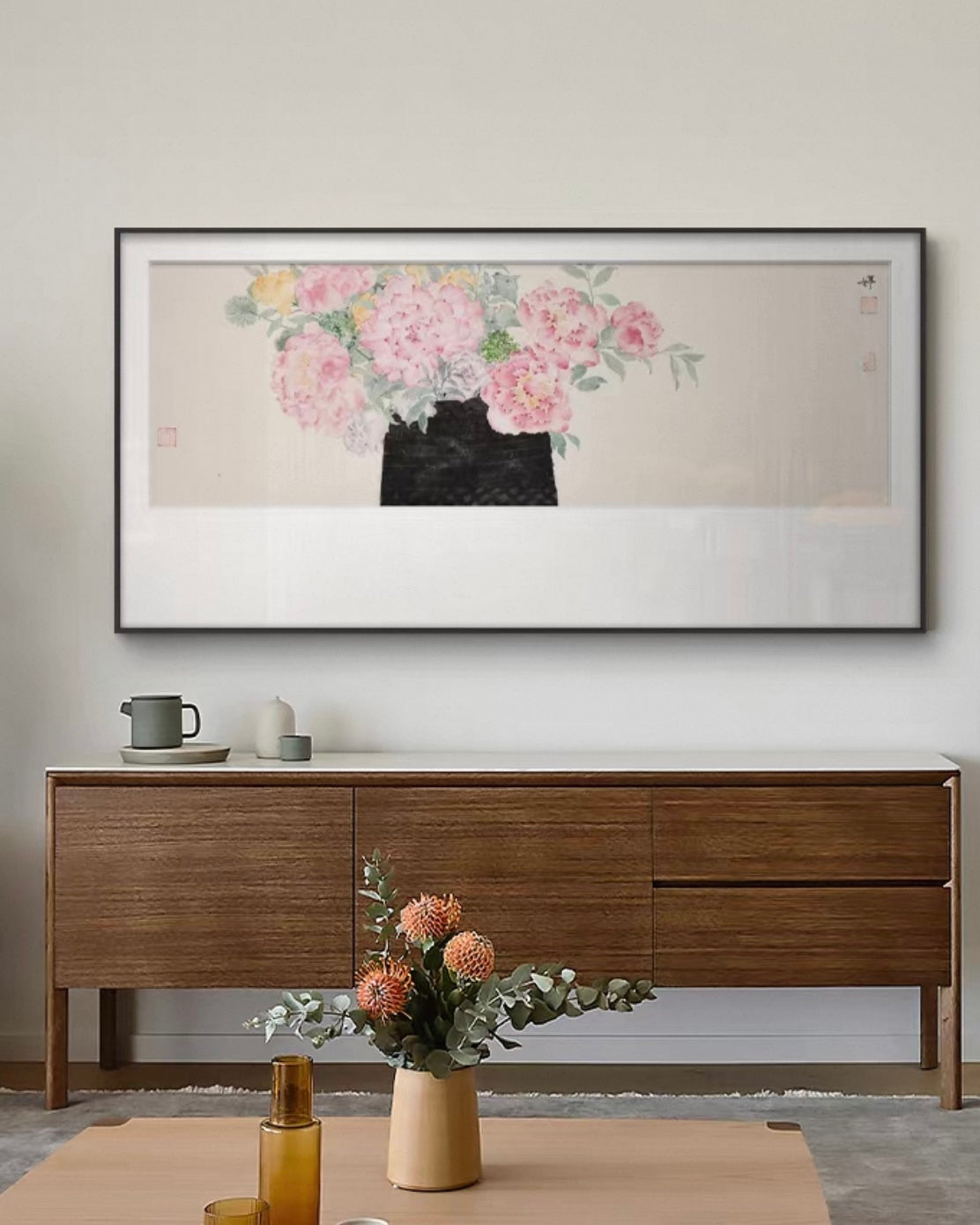 "Blooming Harmony" Flower and Bird Wabi-Sabi Wall Art – Oriental Botanical Canvas with Premium Wood Frame