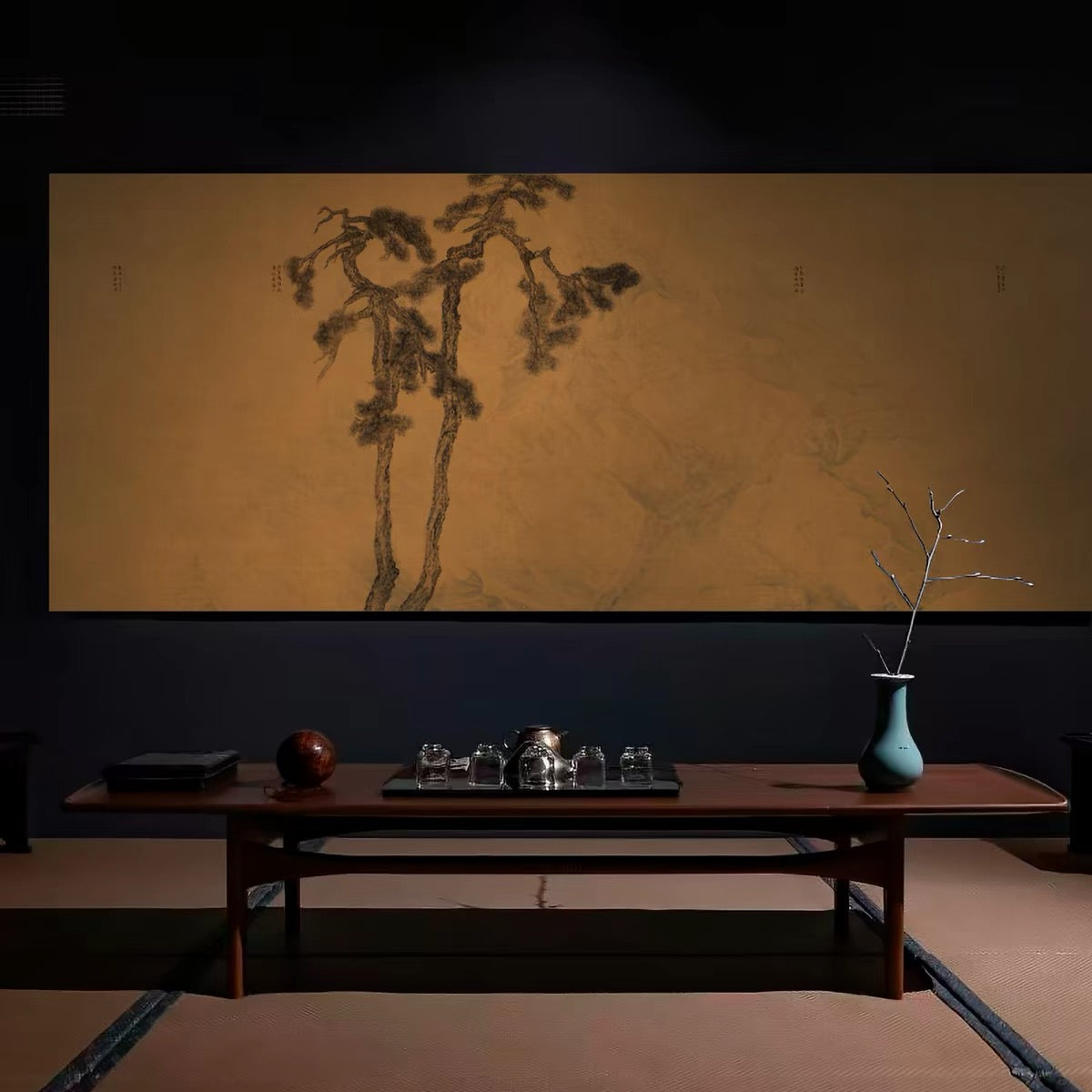 "Evergreen Serenity" Wabi-Sabi Pine Wall Art – Panoramic Zen Canvas with Premium Wood Frame