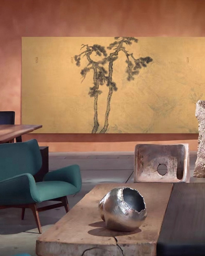 "Evergreen Serenity" Wabi-Sabi Pine Wall Art – Panoramic Zen Canvas with Premium Wood Frame
