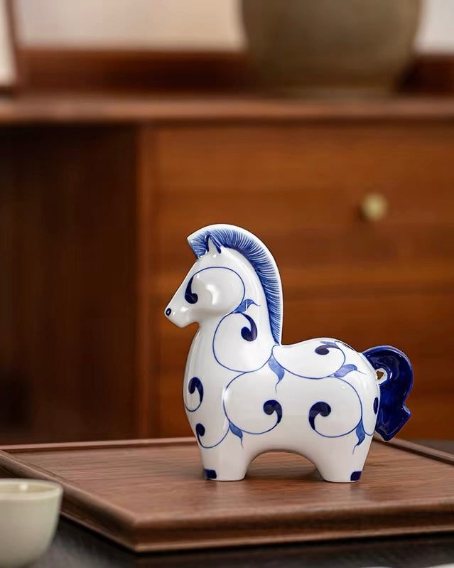 Jingdezhen Blue & White Porcelain "Auspicious Horse" Statue | Home & Office Prosperity Decor