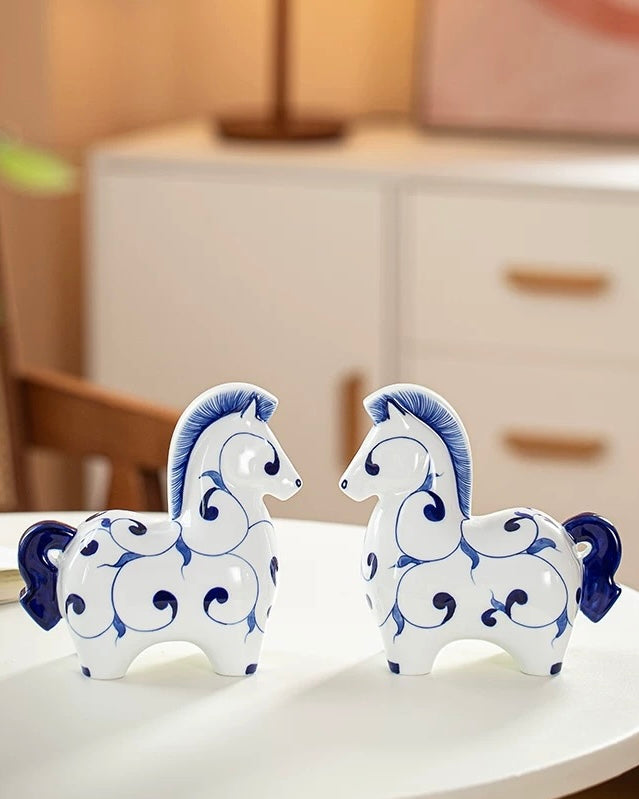 Jingdezhen Blue & White Porcelain "Auspicious Horse" Statue | Home & Office Prosperity Decor